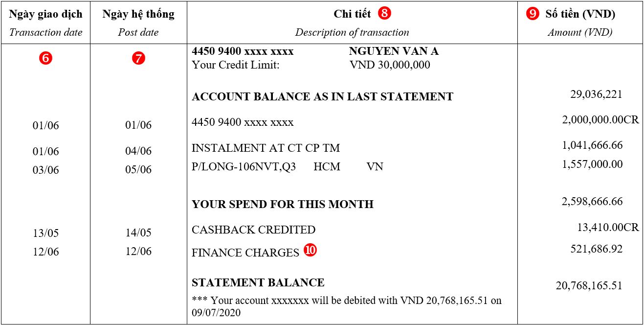 credit card statement screen capture of the account information section