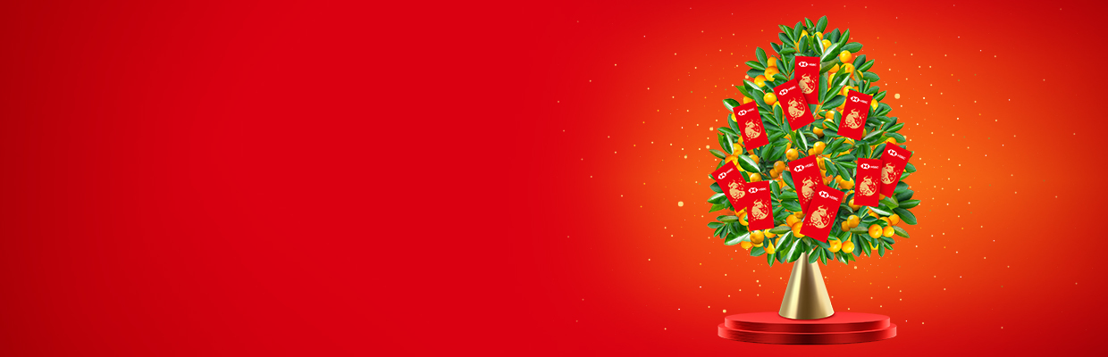 Cây quýt với nhiều phong bì đỏ may mắn; hình ảnh sử dụng cho chương trình Rung cây hái lộc của HSBC