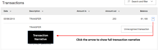 Screenshot of the location of Transaction narrative button on Online Banking environment