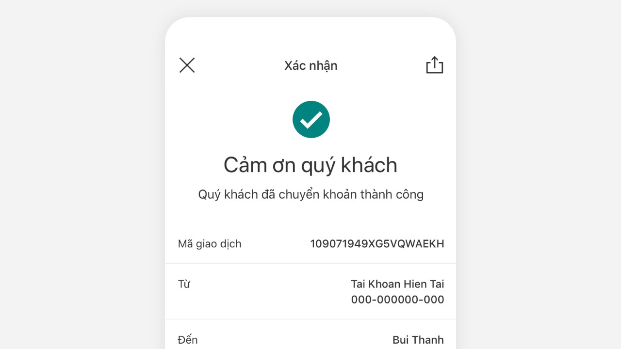 Quý khách sẽ được chuyển đến trang Xác nhận hiển thị thông tin chi tiết giao dịch thành công