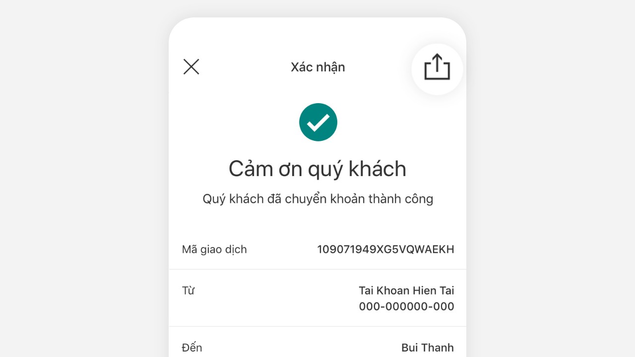 Chọn biểu tượng Chia sẻ ở góc phải trên cùng của màn hình để chia sẻ thông tin giao dịch