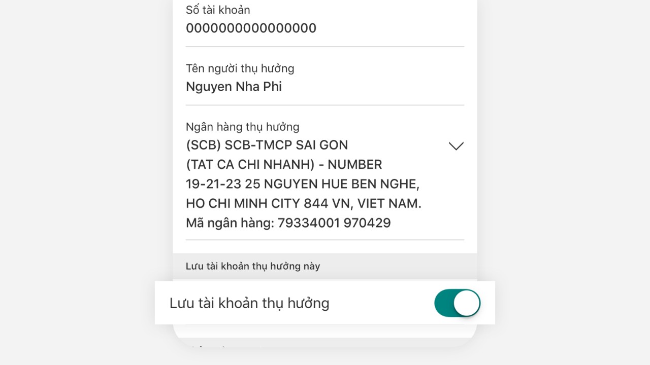 Lưu tài khoản thụ hưởng