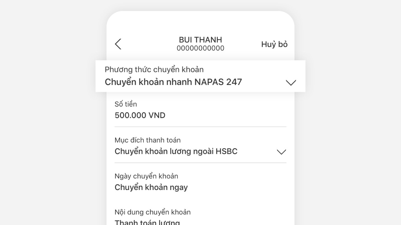 Chọn phương thức chuyển khoản ở mục Phương thức chuyển khoản và chọn Chuyển khoản nhanh NAPAS 247