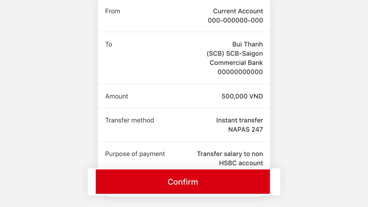 Review the details of the transfer in the Review screen and confirm