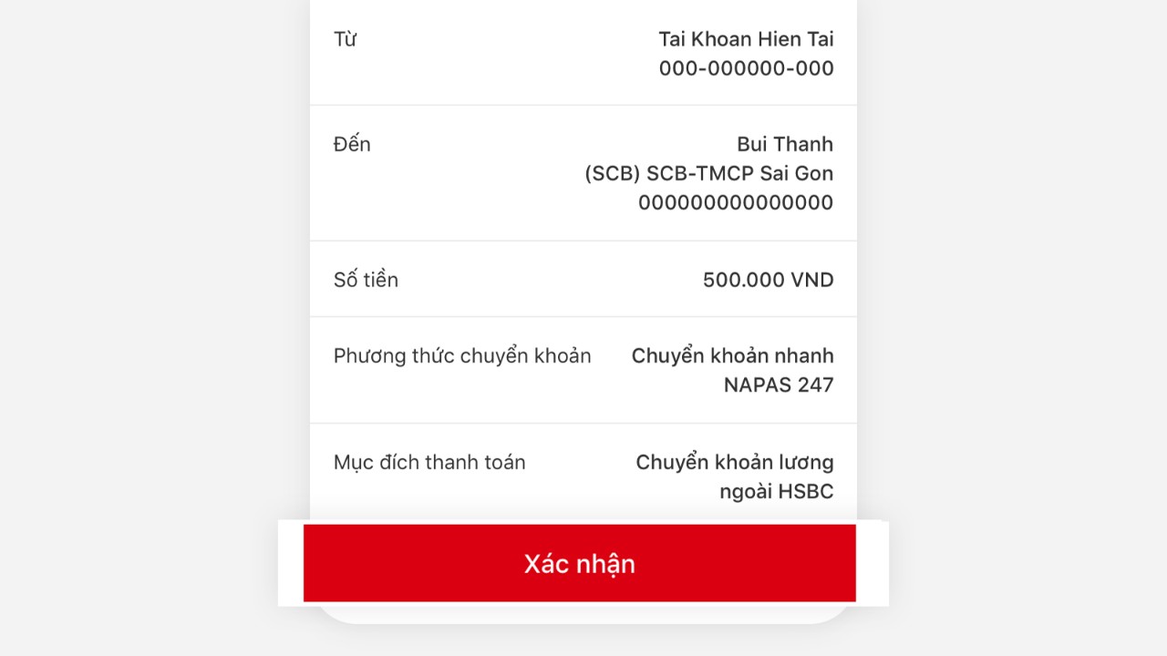 Kiểm tra thông tin chuyển khoản đã nhập và xác nhận